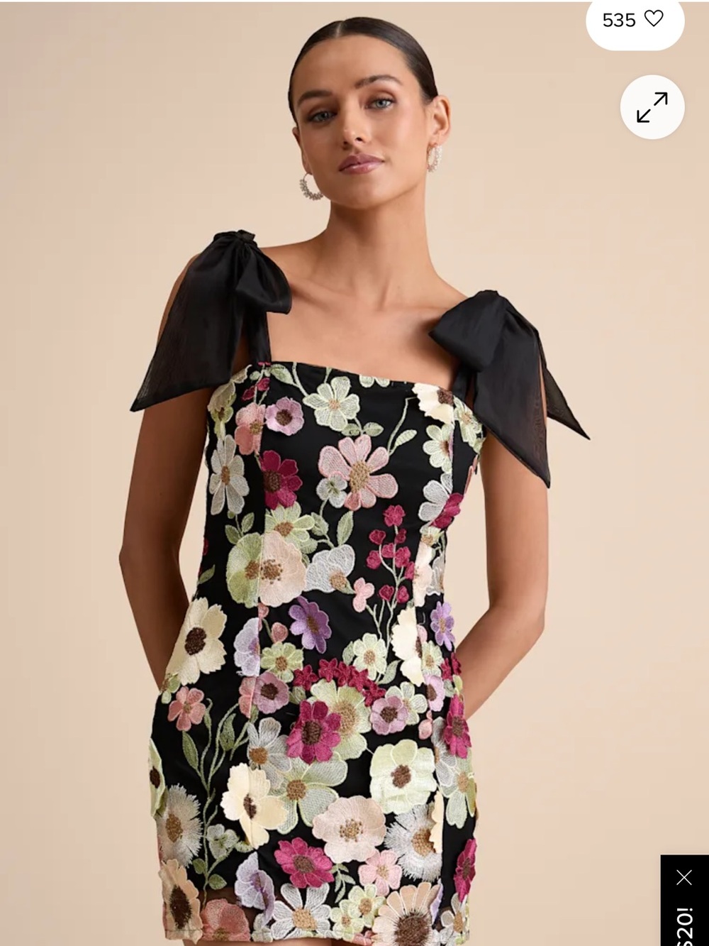 Lulu's Black Strapless Floral Embroidered Bow-Shoulder Dress
